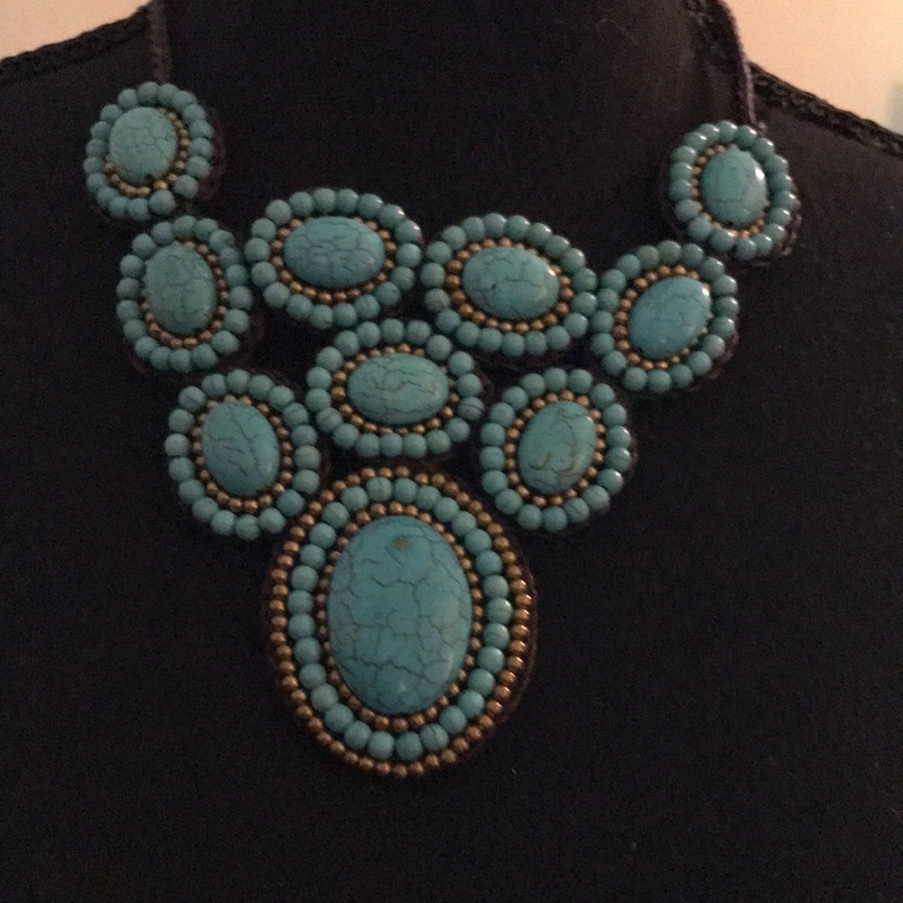 Necklace Mosaic Charm Turquoise and Fashion Brass Beads Cotton Wax Rope
